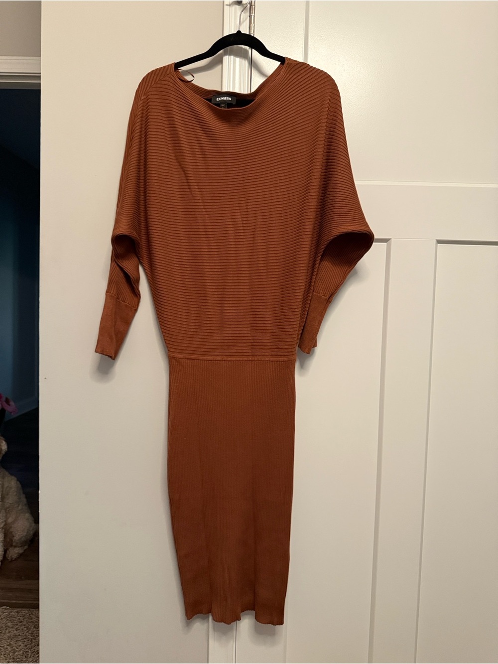 Express Long Sleeve Ribbed Midi Dress in Rust - Picture 3 of 3
